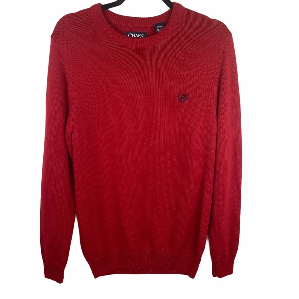 Chaps Sweater Men Small Red 100% Cotton Crewneck Ribbed‎ Collar Knit Oversized